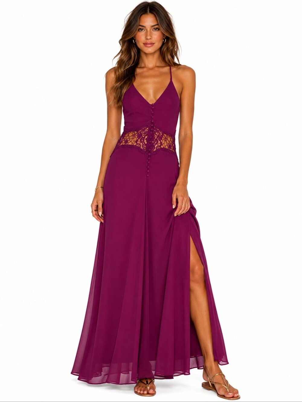 Lace-Waist V-Neck Maxi Dress in Plum